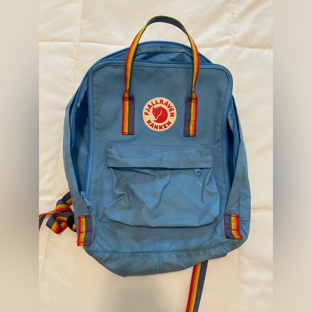 Fjallraven Backpack - Baby Blue with Rainbow Straps